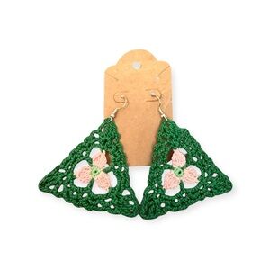 Hand Crafted Floral Crochet Earrings in Green and Pink
